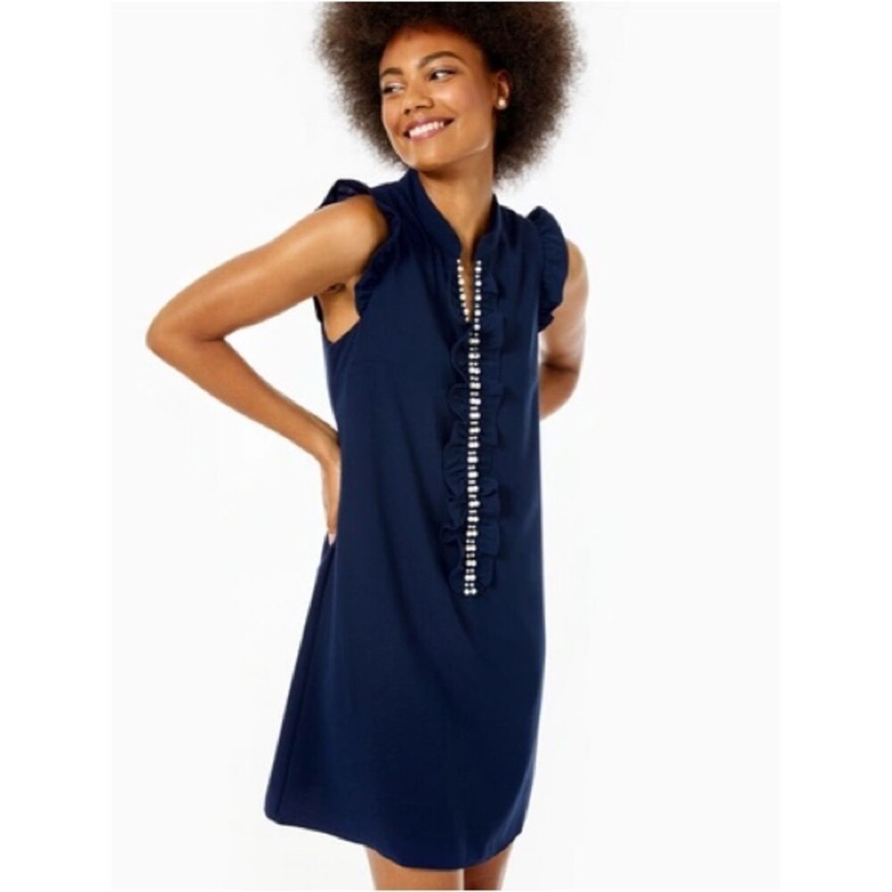 Lilly Pulitzer Adalee Shift Dress Women's Size 6 True Navy Pearl Embellishment